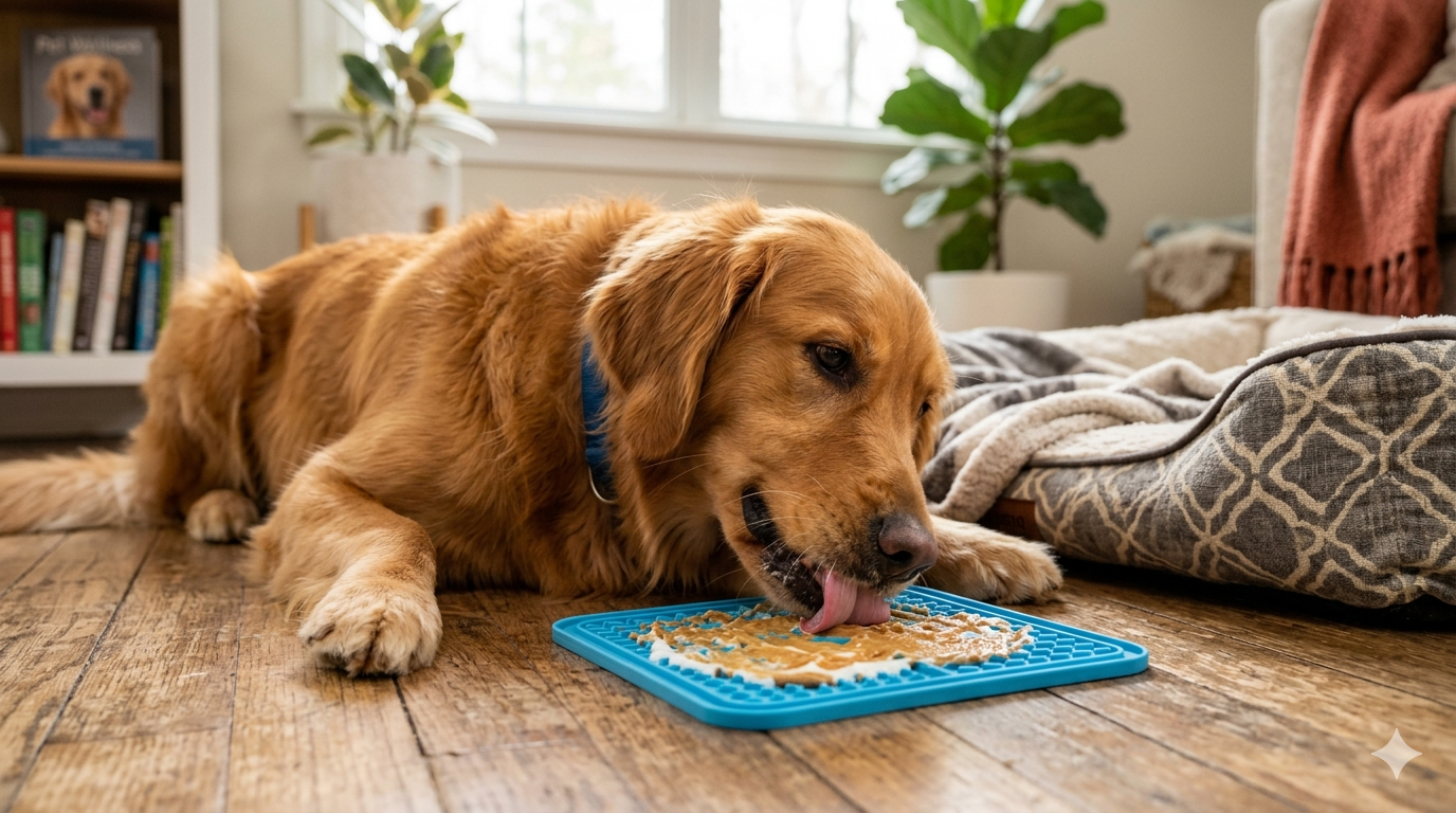 Dog happily using PawCalm lick mat