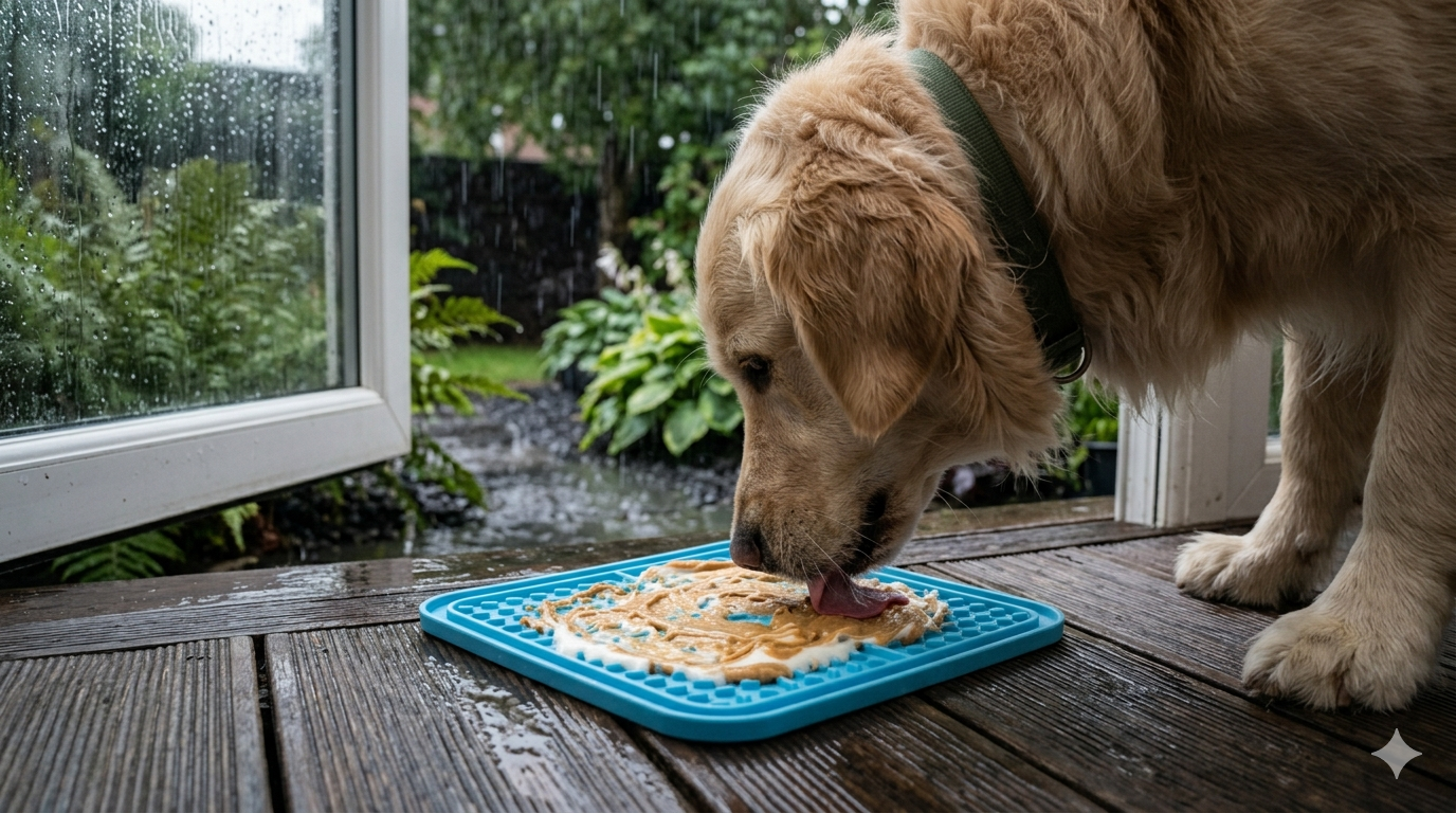 Pet using lick mat on a rainy day